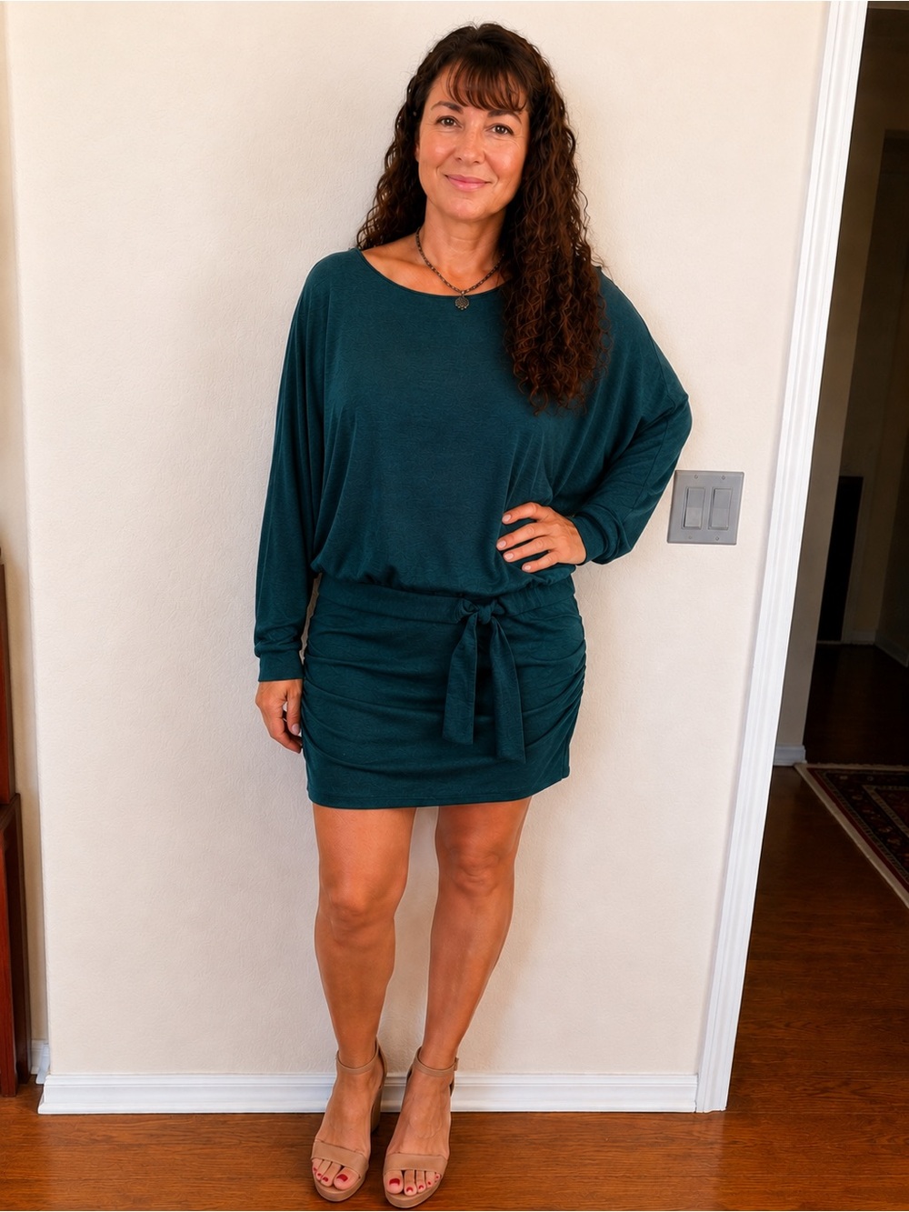 White House Black Market Teal Dolman Sleeve Tie-Waist Mini Dress
